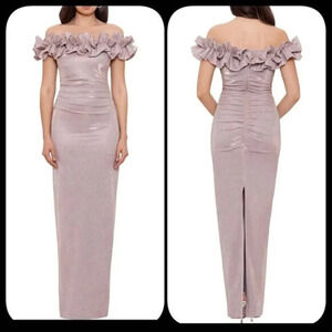 EXCAPE GLITTER Ruffle Off the Shoulder Back Slit Gown